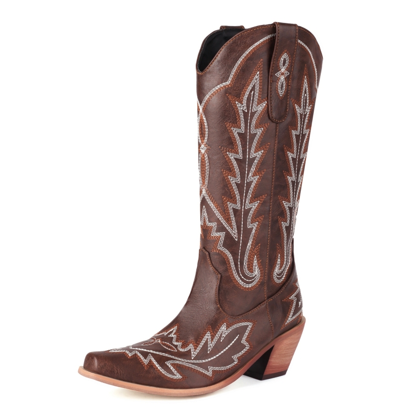 Western Cowboy Cowgirls Boot Casual Embroider Women's High Knee Boots Winter Tall Lady Wedge Heels Footwear Shoes Large Size 45