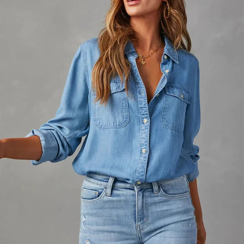 Solid casual loose denim womens shirt autumn retro womens oversized shirt and loose fashionable youth womens top 240914