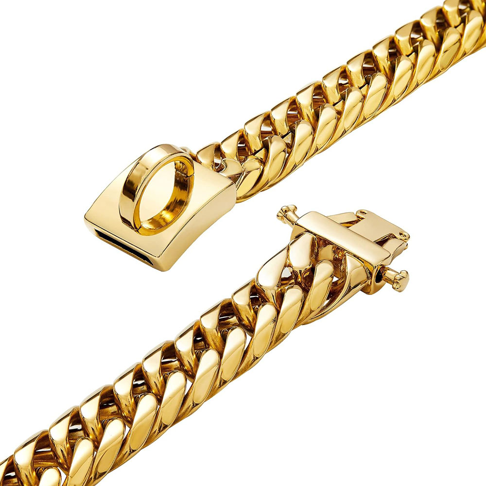 19mm Gold Chain Dog Collar Luxurious Sliver Gold Cuban Link Dog Collar with Secure Snap Buckle for Medium and Large Pit Bulls