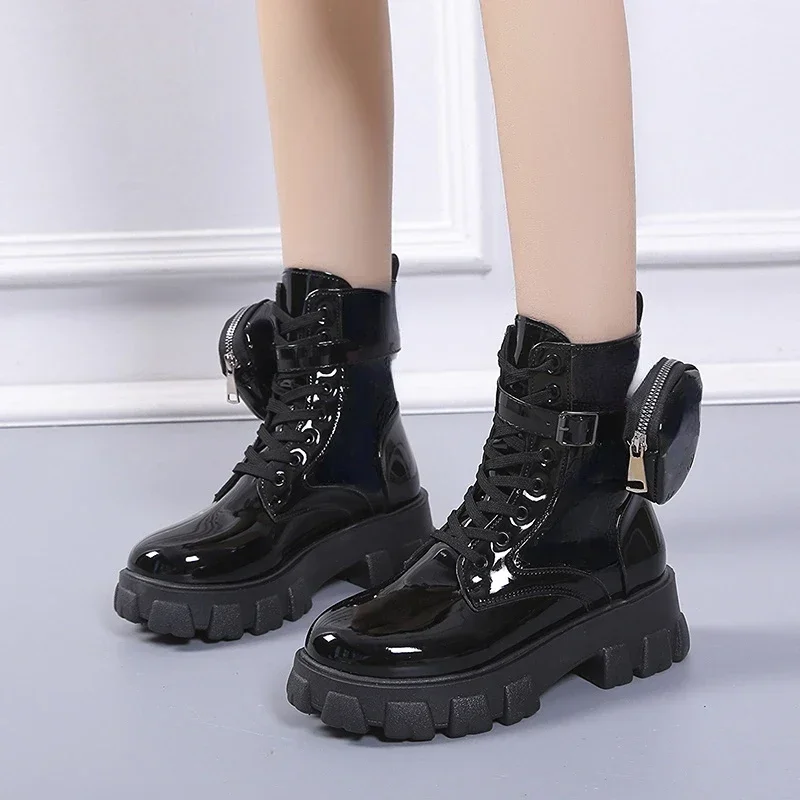 New Autumn Winter Shoes Women Short Boots Pocket Buckle Strap Ankle Boots Red PU Leather Mid-calf Platform Booties Cross-tied