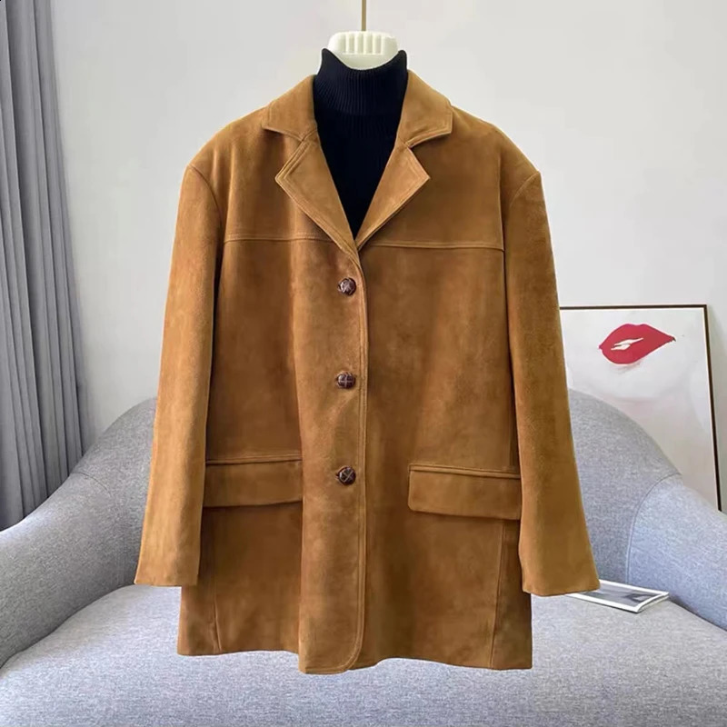 Retro Panther Caramel Suede Womens Jacket Loose Set High end Leather Medium length 240906