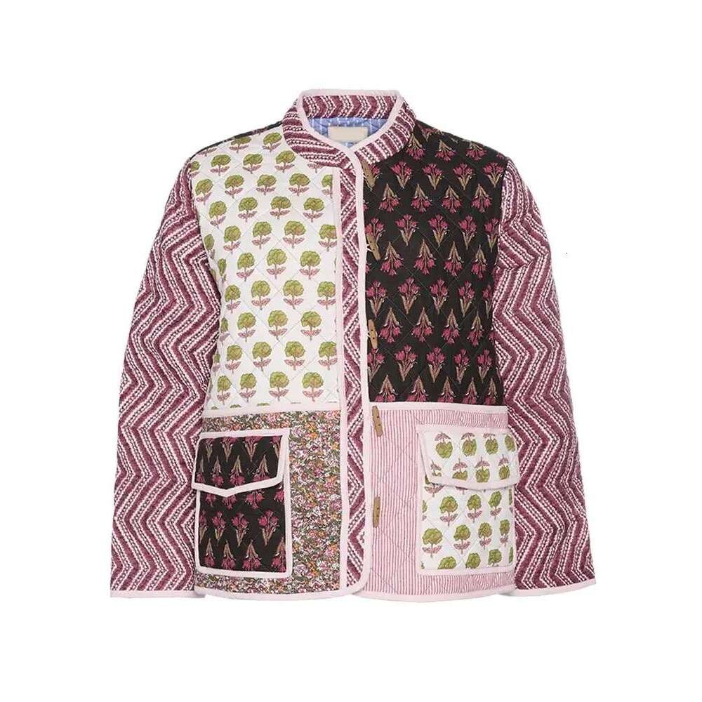 Women Printed Patchwork Two Pockets Cotton Jacket Long Sleeve Contrasting Color Single-Breasted Padded Coat Lady Street Outwear