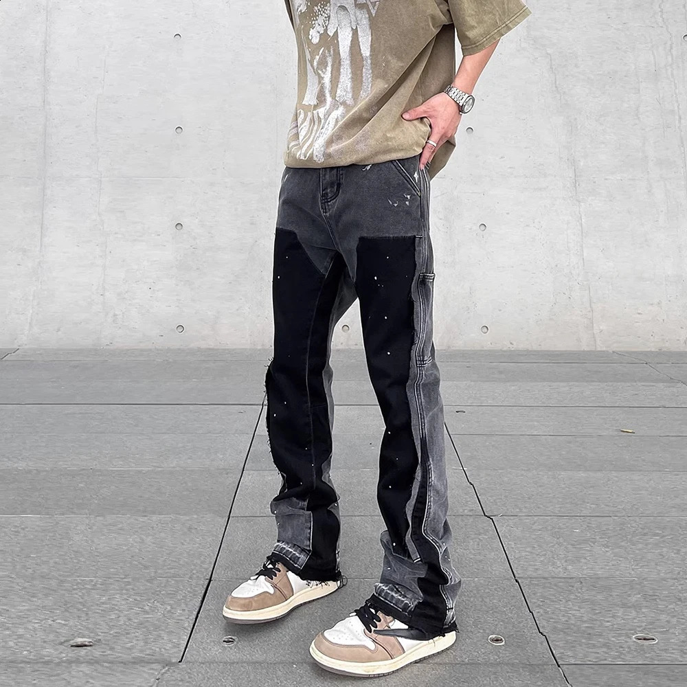 Graffiti Black Flared Denim Pants Mens Vintage Hip Hop Patches Splashed Ink Wide Leg Jean Y2k Baggy Washed Jeans for Male 240909