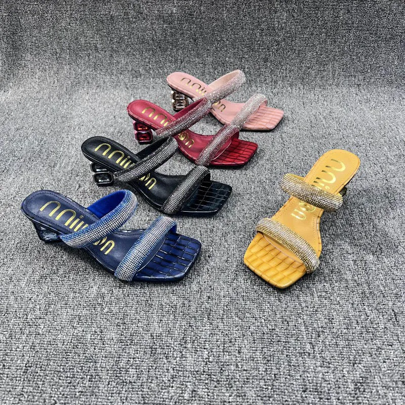 Luxury Rhinestone Sandals Women Designe Women's High Heels Square Head Sexy Fashion Dress Shoes Women's Slippers Summer Sandals