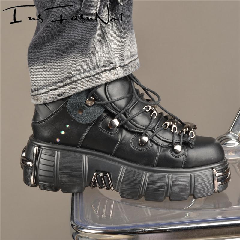 Platform Metal Toe Chunky Sneakers Women's Gothic Punk Style Sneakers Rock Design Black Walking Shoes Casual Female Runway Shoes