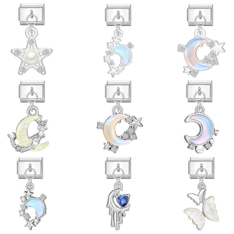New Women's Gift Moon star Shiny CZ Pendant Italian Charms Links Bangle Beads Fit 9mm Stainless Steel Bracelet Making DIY For Women Fashion Jewel