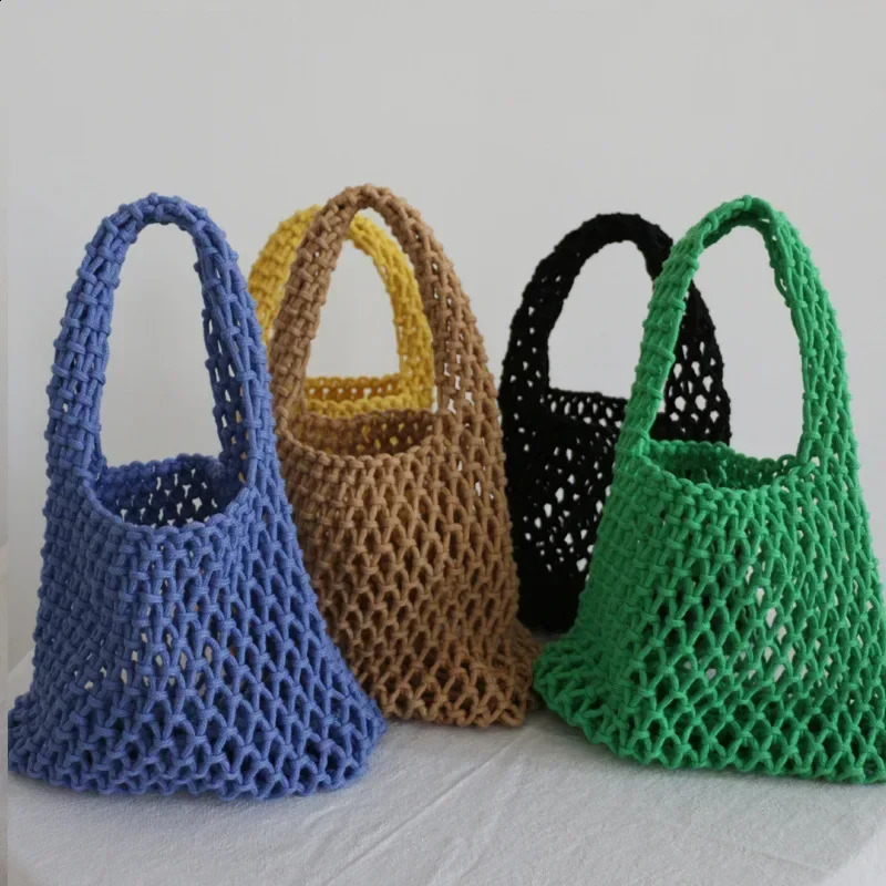 Handmade woven bag Macaron cotton rope hollow handbag handmade 240913