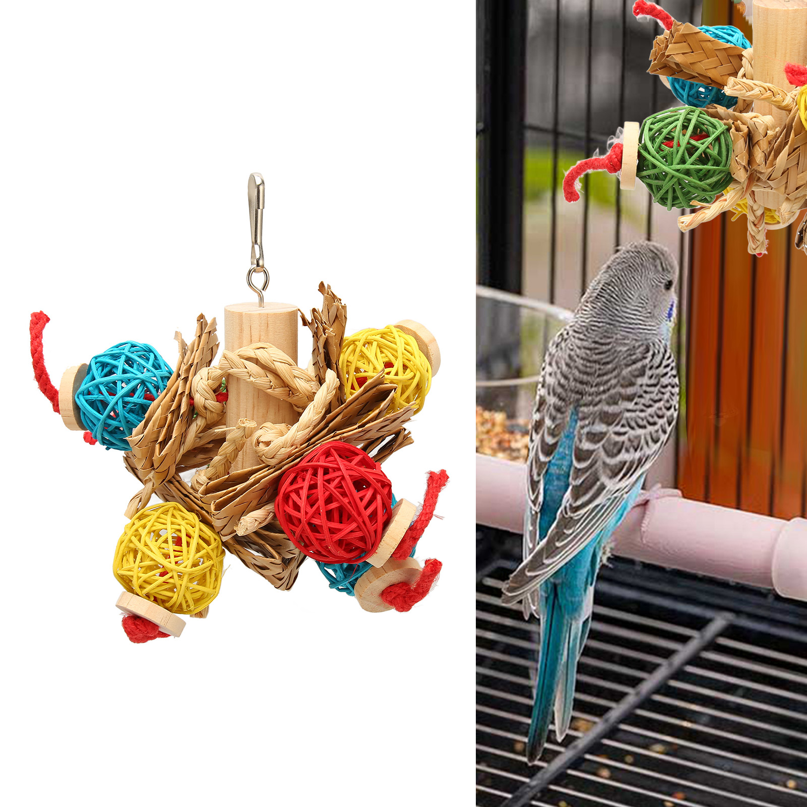 Parrot Chewing Swing Toy Colorful Anxiety Relief Interactive Safe Parrots Chew Toys With Rattan Ball For Birds