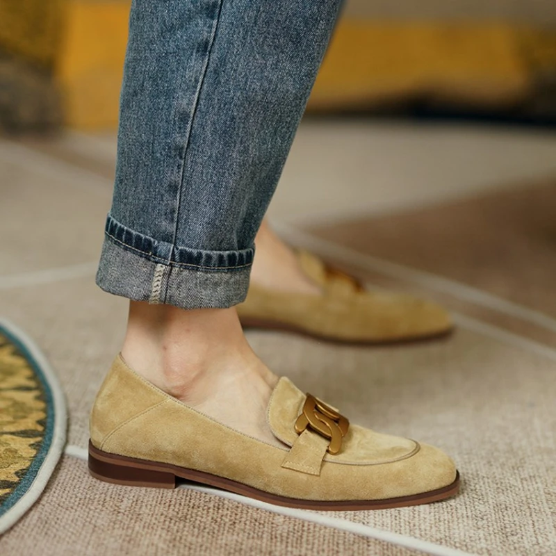2024 New Spring Women Shoes Camel Buckle Casual Kid Suede Women Loafers Solid Low Heel Pumps Shoes for Women Moccasin Shoes