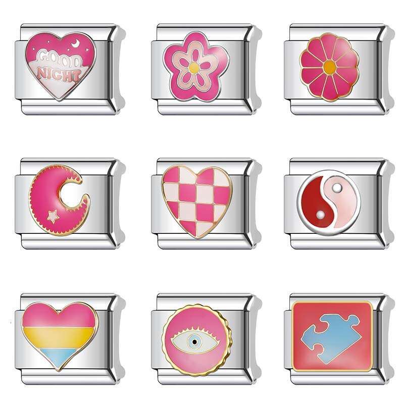 New Women's Gift Pink heart pink eye Bead Italian Charms Links Bangle Beads Fit 9mm Stainless Steel Bracelet Making DIY For Women Fashion Jewelry