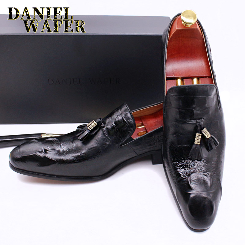 Luxury Men's Leather Shoes Crocodile Prints Tassels Loafers Brown Black Casual Man Shoes Office Wedding Dress Summer Men Shoes