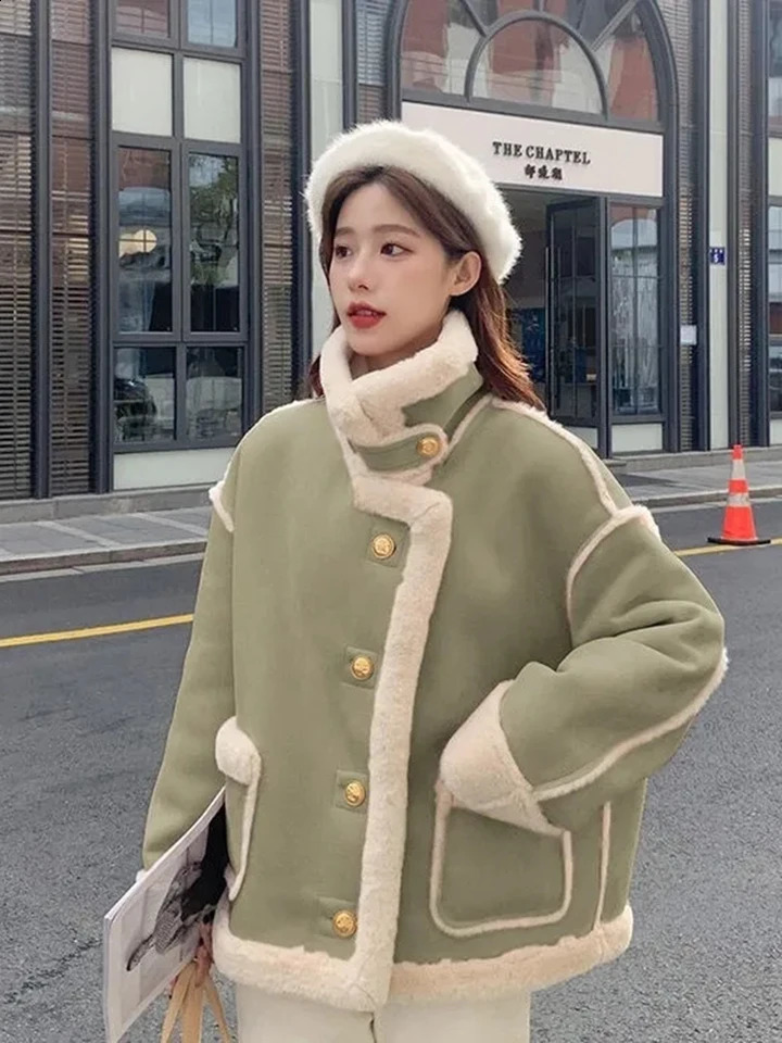 Winter Warm Plush Thick Casaco Casual Classic Cashmere Lining Jacket for Women Korean Chic Single Chest 240905