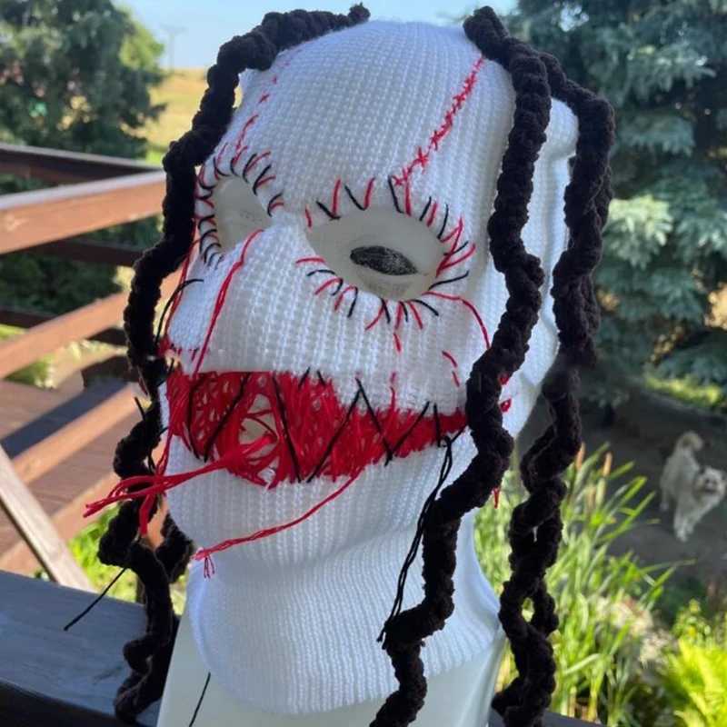 Beanie/Skull Caps Devil Horn Halloween Knitted Hat Beanies Warm Full Face Ski Mask Hat Windproof Balaclava Hat J240913