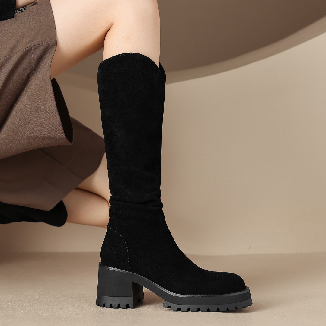 natural Women's suede Easter chunky heel platform pleated slip-on autumn knee knight high quality long boots shoes 80d0