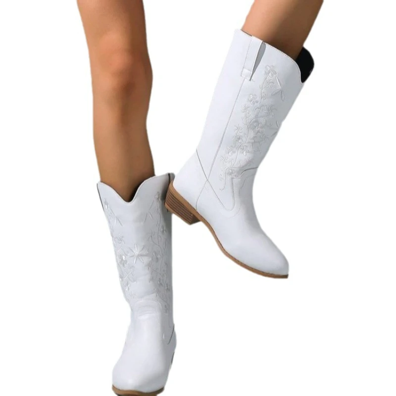 Mid-calf Woman Retro Embroidered Western Cowboy Boots Fashion Pointed Toe Low Heeled Winter Shoes Slip-on Cowgirls Booties c84c