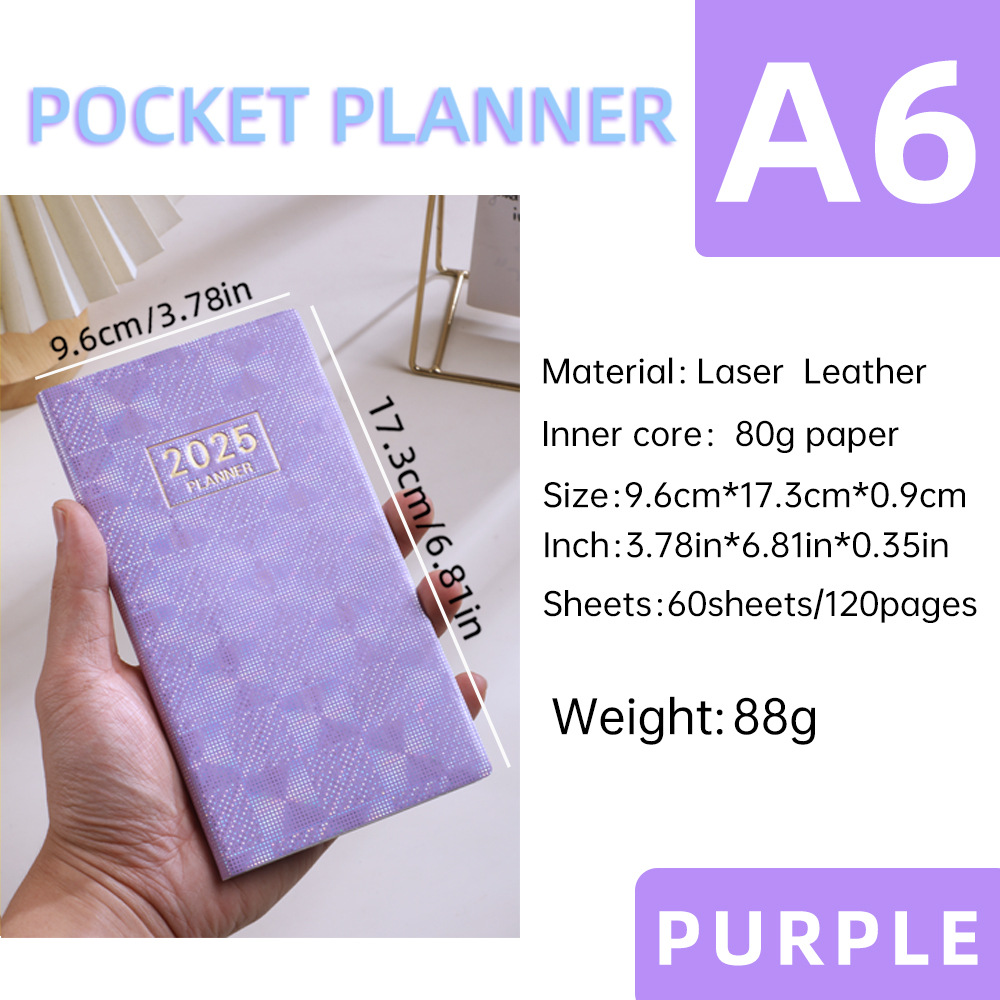 Cross-border laser 2025 a6 English calendar book colorful star color notebook leather thin weekly calendar plan book