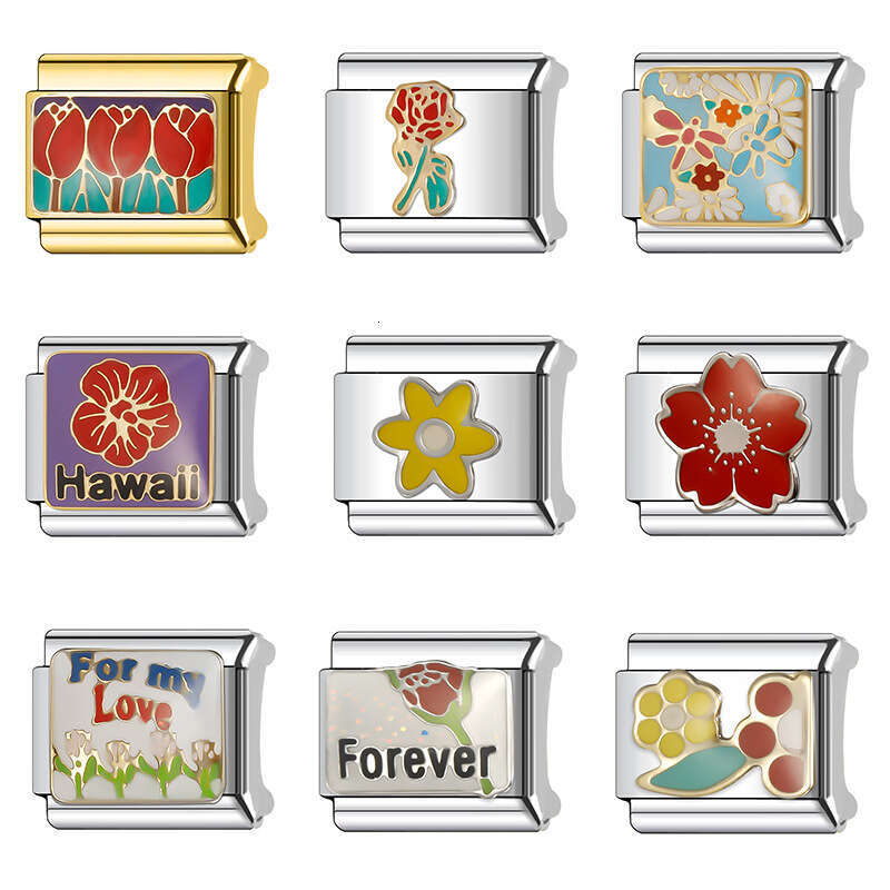New Women's Gift flowers tulips Bead Italian Charms Links Bangle Beads Fit 9mm Stainless Steel Bracelet Making DIY For Women Fashion Jewelry