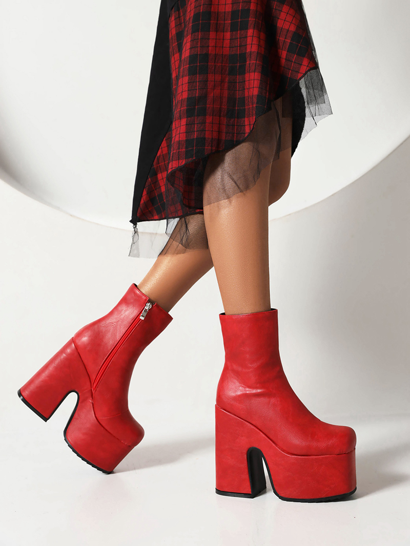 Super High Waterproof Platform Thick Heel High Rise Boots Plush Inner Side Zipper Super High Thick Heel Women's Ankle Boots
