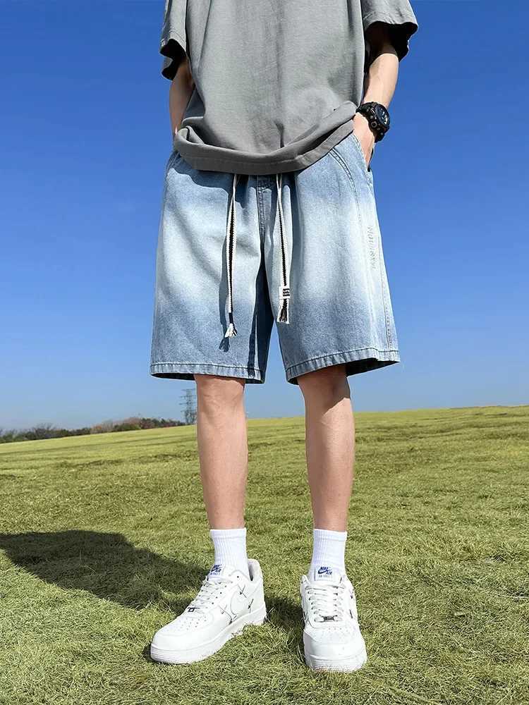 2024 Summer Denim Shorts Men Large Size Gradient Color Washed Cotton Baggy Jean Shorts Drawstring Streetwear Y2K Short PantsX240914
