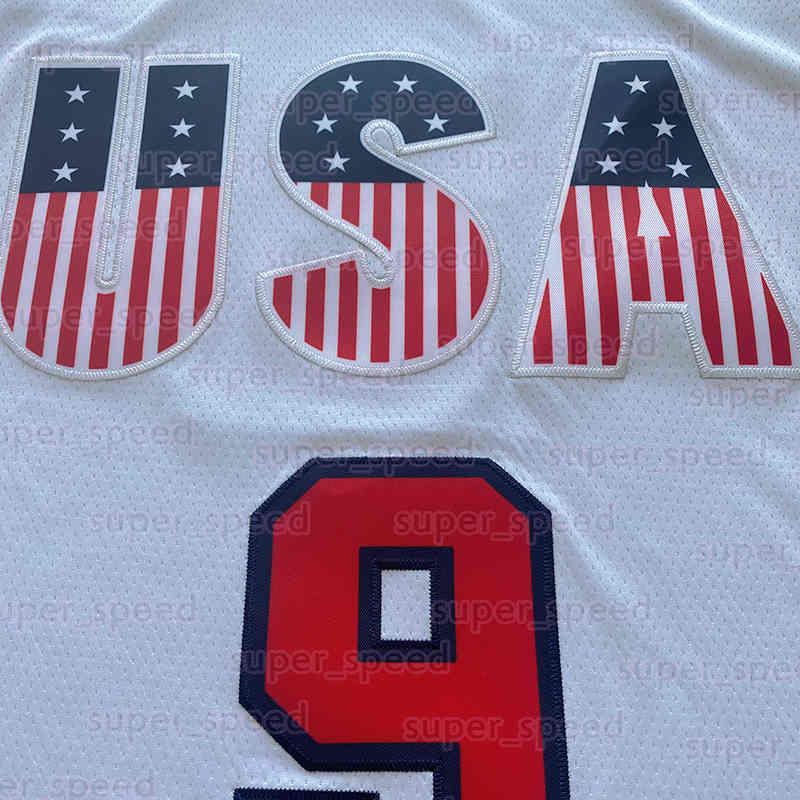 Men's 9 Embroidered Basketball Jersey White America Flag Breathable Sleeveless Crew Neck Top for Men Loose Fit Slight Stretch Polyester Fabric Ca