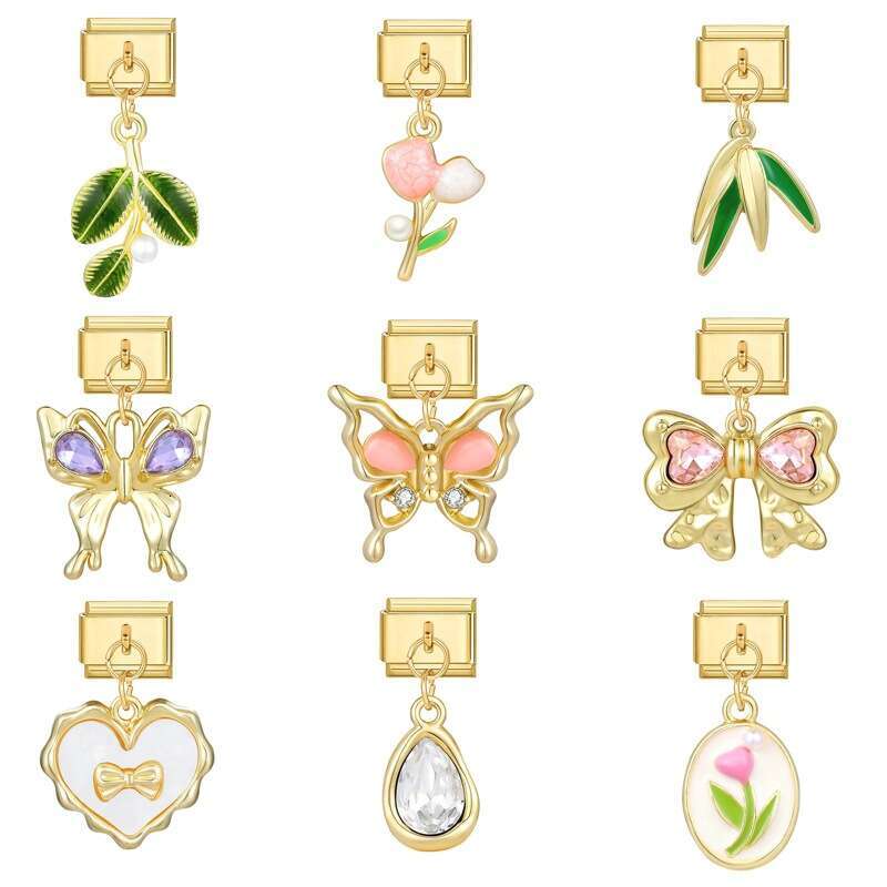 New Women's Gift Sun butterfly heart with gold Pendant Italian Charms Links Bangle Beads Fit 9mm Stainless Steel Bracelet Making DIY For Women Fa