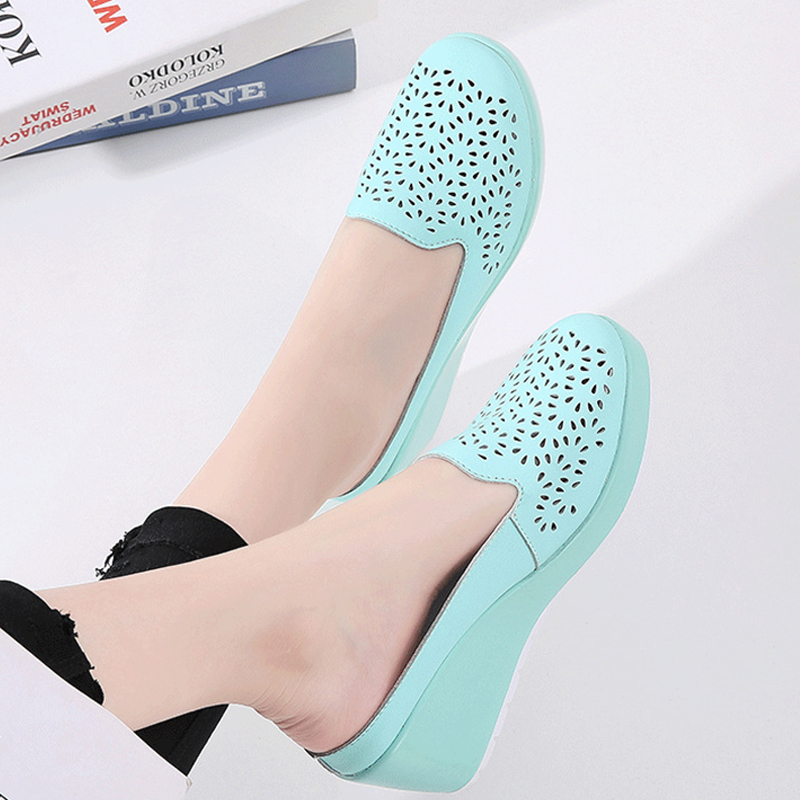 YAERNI Summer Woman Flip Flop Hollow Out Baotou Sandals Cowhide Embroidered Single Shoes Slope Heel Thick Bottom Light Women's