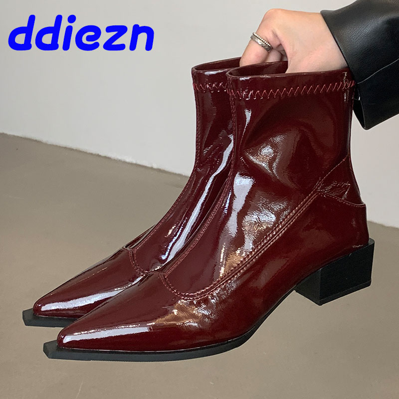 Red Fashion Women Ankle Stretch Boots 4.5cm Heel Shoes Pointed Toe Elastic Ladies Short Modern Booties Female Zippers Footwear