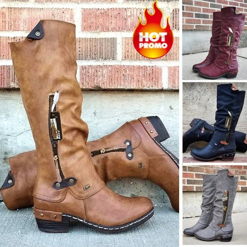 New Women Coffee Brown Boots PU Leather Western Cowboy Boots Deep Side Zipper High Tube Casual Boots Classic Motorcycle Boot