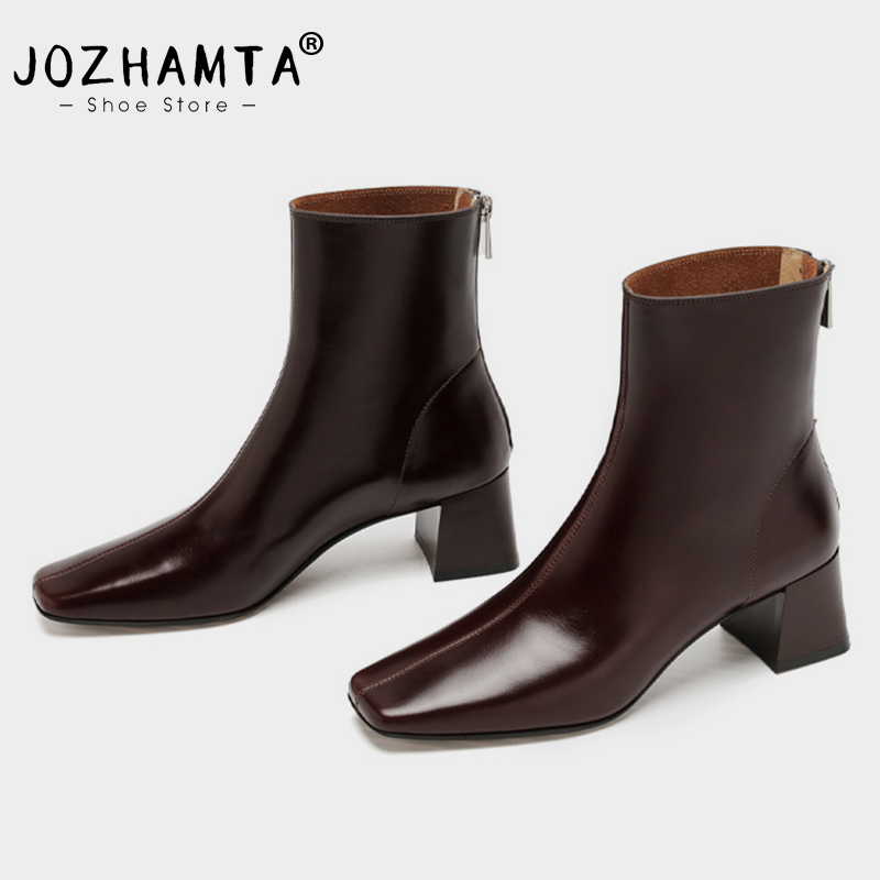 JOZHAMTA Size 35-40 New Ankle Boots Retro Square Toe Chunky High Heels For Women Winter Shoes 2023 Fashion Zipper Booties