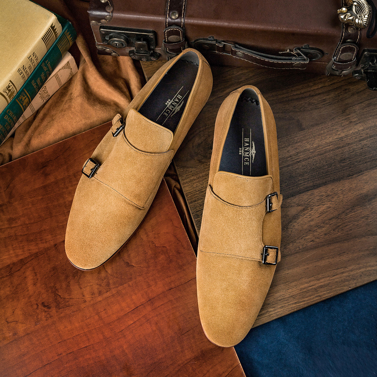 New Cow Suede Double Buckle Monk Shoes Yellow Breathable Men Casual Shoes Handmade Zapatos De Hombre Men Shoes