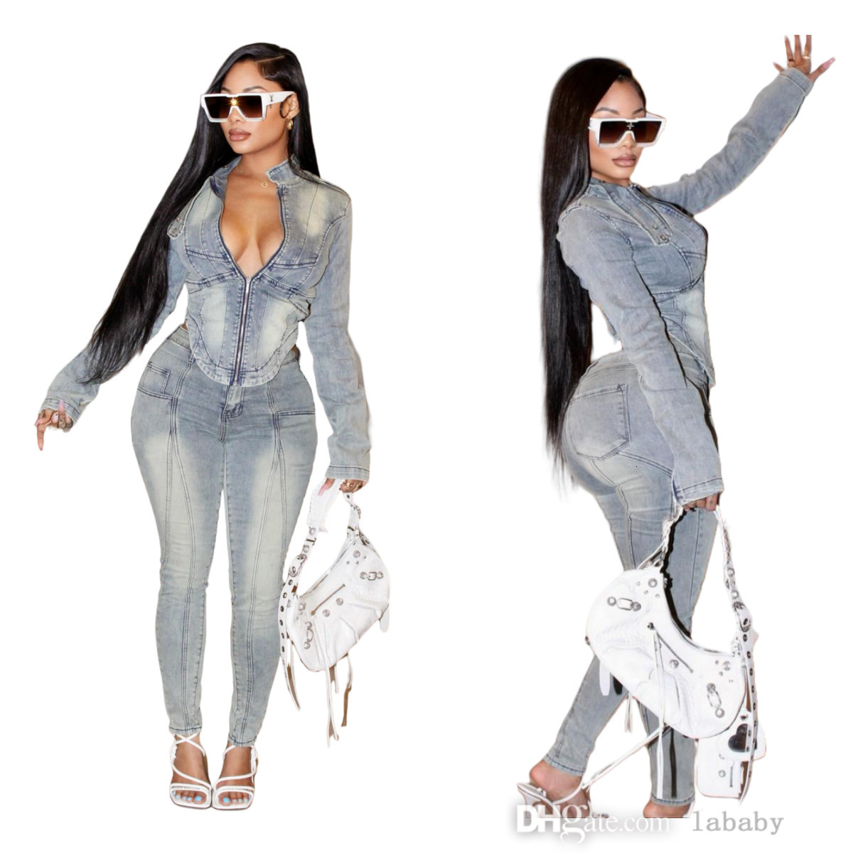 Denim Tracksuit Women Streetwear Two Piece Set 2024 Autumn INS Vintage Jeans Sets For Women Outfits Zipper Sexy V Neck Jacket And Slim Fit Trousers Casual 2Pcs Suit
