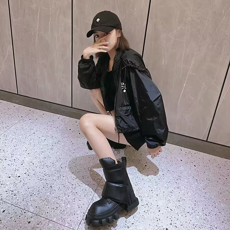 Women Motorcycle NEW Chunky Platform Square head Mid-Calf Lace Up Bandage Winter Casual Black Ankle Boots 7bae