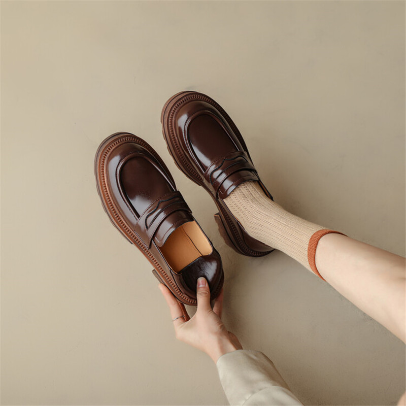 Autumn Spring New Pumps Split Leather Casual Loafers Woman Chunky Heel for Women Slip-On Round Toe Platform New Shoes d7ee Platm