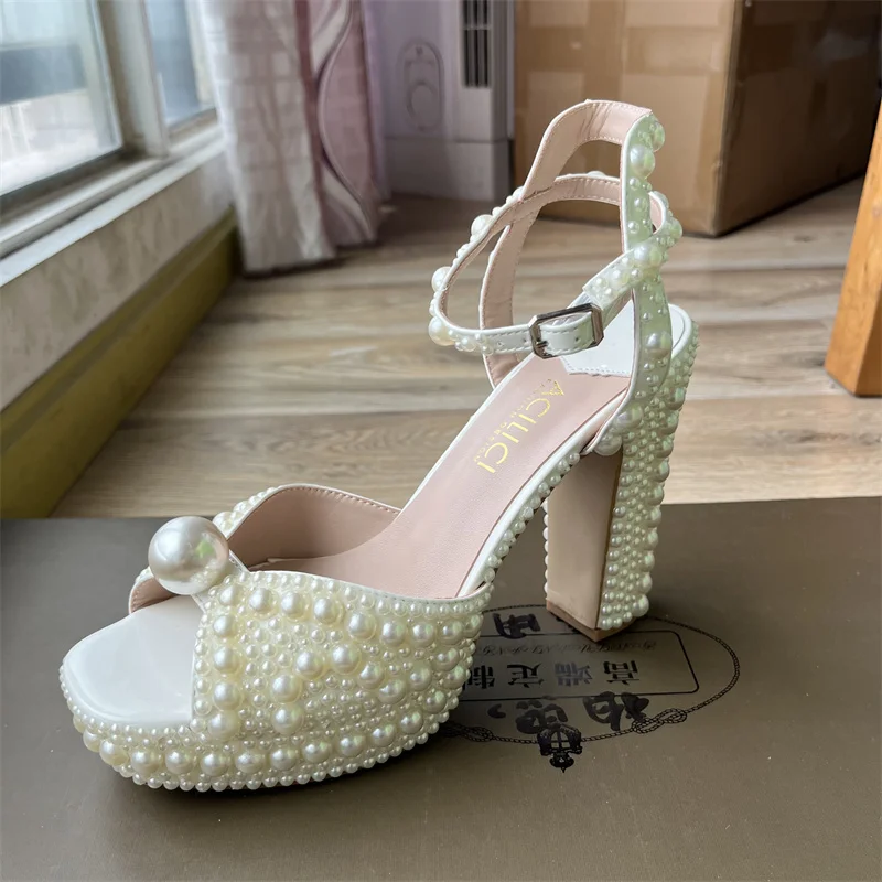 Fully Handmade Pearl Thick Heeled Fish Mouth Sandals Wedding Bride Banquet Fashion Waterproof Platform High Heel Women's Shoes