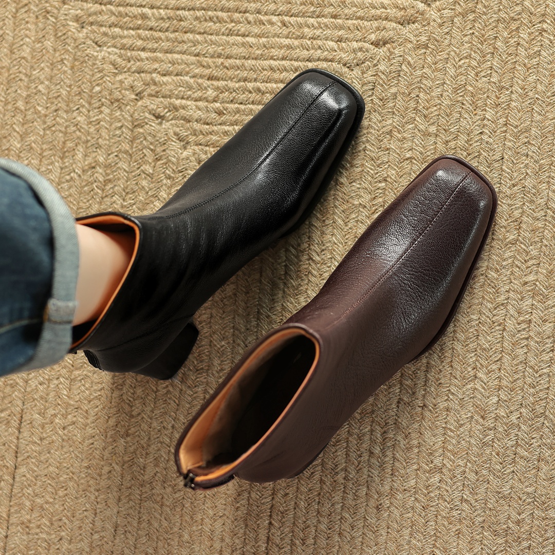 Autumn 2024 new women's sheepskin back zip autumn ankle boots 6cm thick high heel square toe elegant ladies short booties 34-42 e235