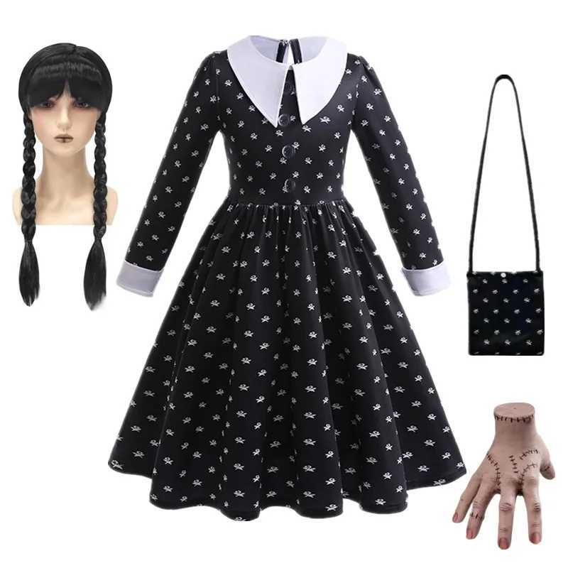 Wednesday Addam girls long sleeved fantasy spring and autumn printed black dress childrens Halloween role-playing costume W240914