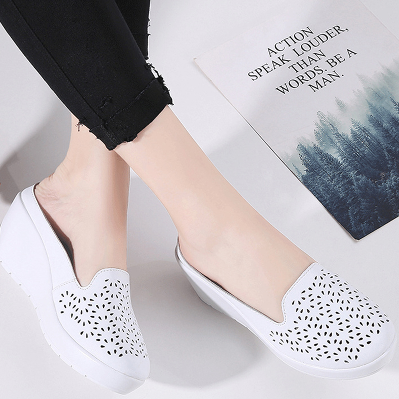 YAERNI Summer Woman Flip Flop Hollow Out Baotou Sandals Cowhide Embroidered Single Shoes Slope Heel Thick Bottom Light Women's