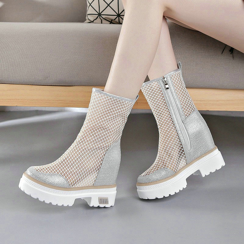 Round 2024 Head High Single Boot Women's Zipper Wedge Heel Mesh Breathable Casual Leather Boots 2150 s