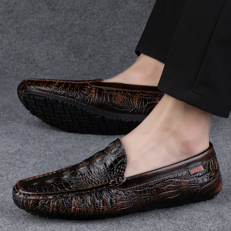 Genuine Leather Men's Loafers - Hot Crocodile Pattern Moccasins, Handmade Slip-On Boat Shoes For Casual Style - Moccasins, SlipOn