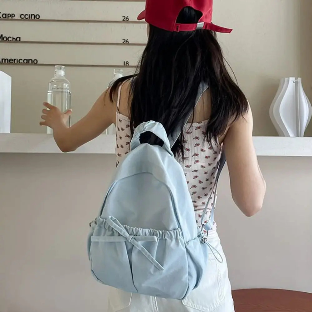 Casual handbag bow backpack solid color pleated nylon backpack large capacity Korean shoulder bag womens shoulder bag 240912