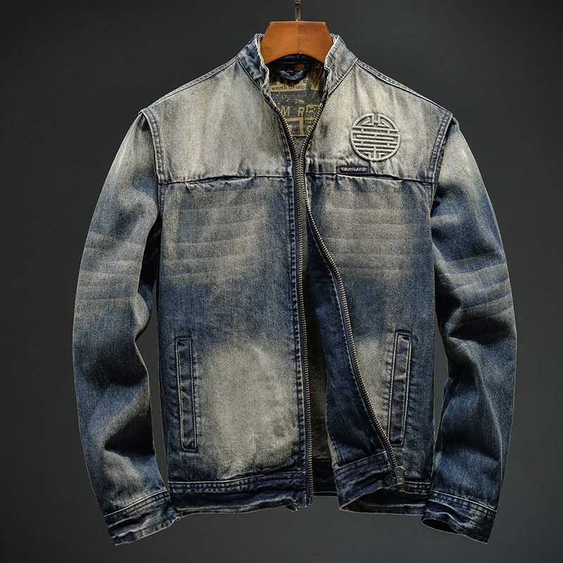 2024 autumn trend retro denim jacket mens slim fit nostalgic street motorcycle jacket stand collar retro fashion jacket W24091489