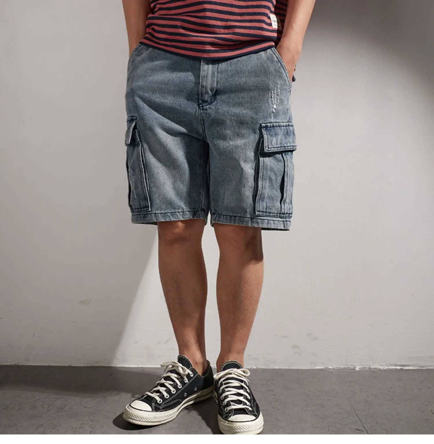 American Heavy Washed Cotton Denim Shorts for Men Loose straight half jeans pants 2024 Summer Vintage Cargo Workwear knee lengthX240914