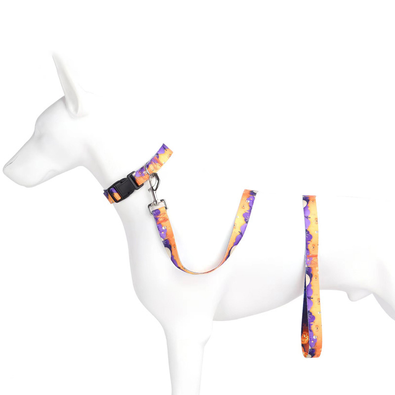 Halloween Dog Collar and Leash Set Adjustable Pet Collar Leash with Pumpkin Pattern, for Dogs and Cats Pet Accessories Supplies
