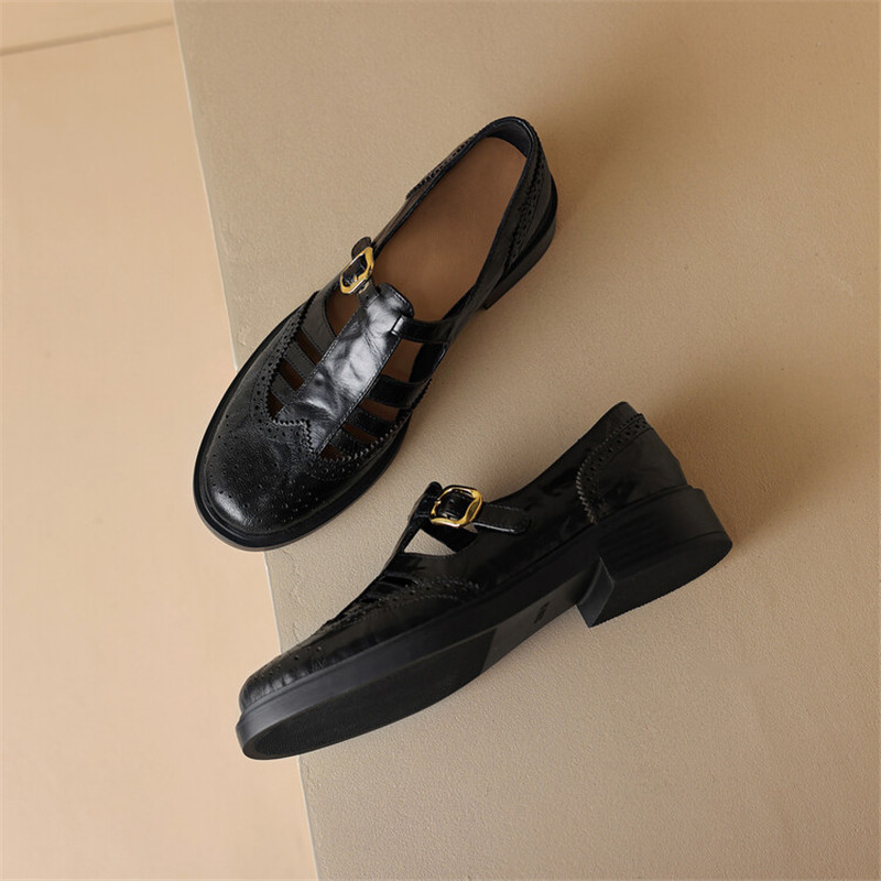 New Summer Sheepskin Women Shoes Round Toe Hollow Out Women Pumps Low Heel Brogue Designs Loafers Shoes for Women Ladies Shoes