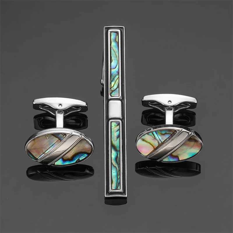 Luxury mens French shirt cufflinks tie clip set high-quality metal oval shells clip cuffs buttons suit accessories jewelryX240914