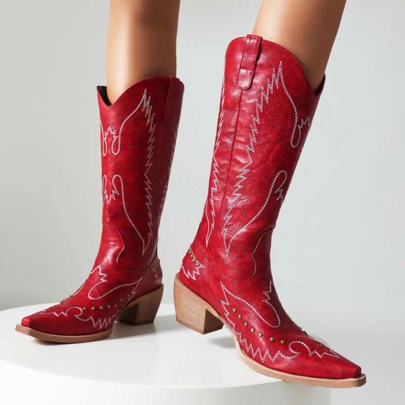 Cowboy Western Cowgirls Boots Women Winter Short Heels Knee High Boot Fashion Black Red Long Party Shoes Female Footwear 109c