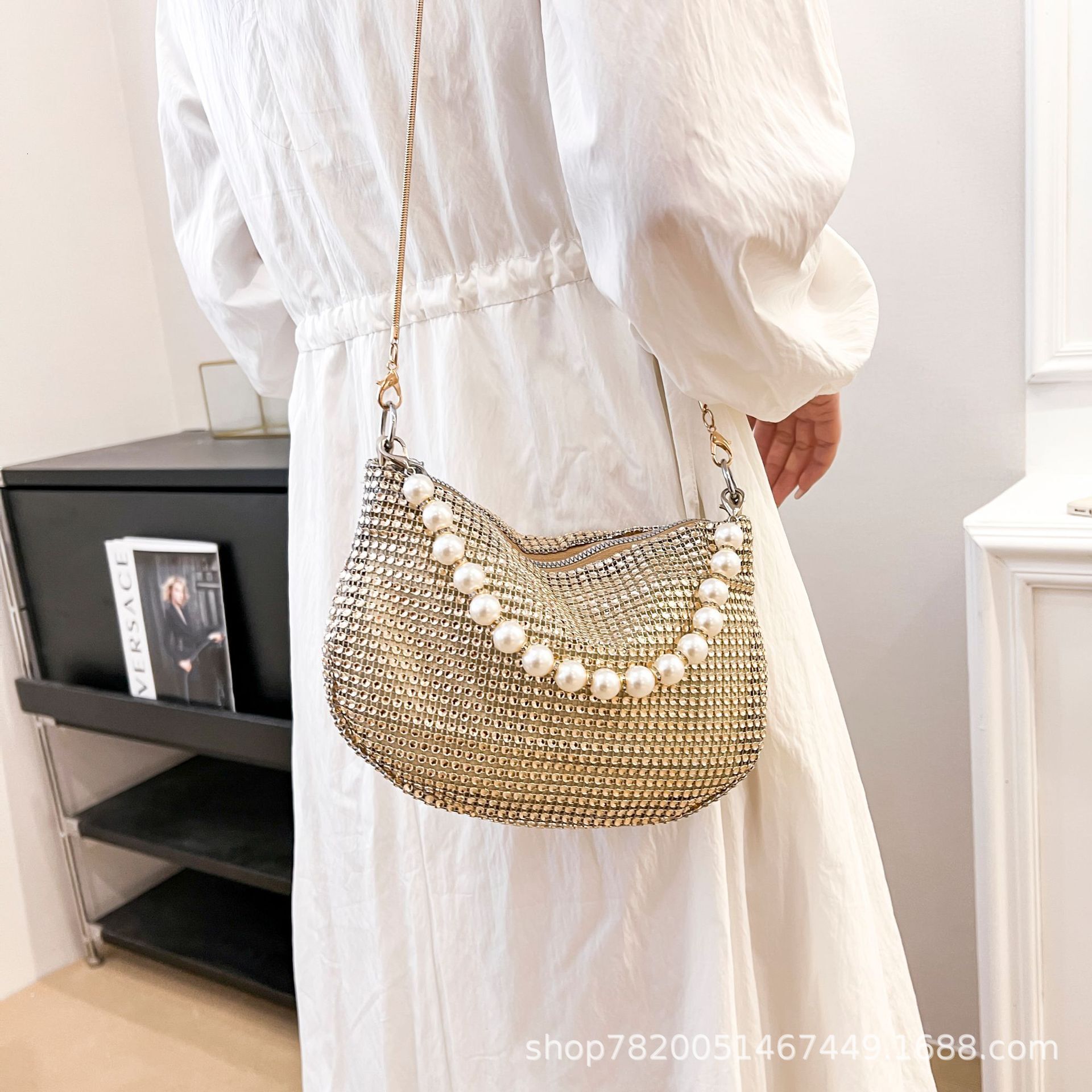 Pearl Handheld Full Diamond Handbag Party Evening Single Shoulder Fashion Women's Bag
