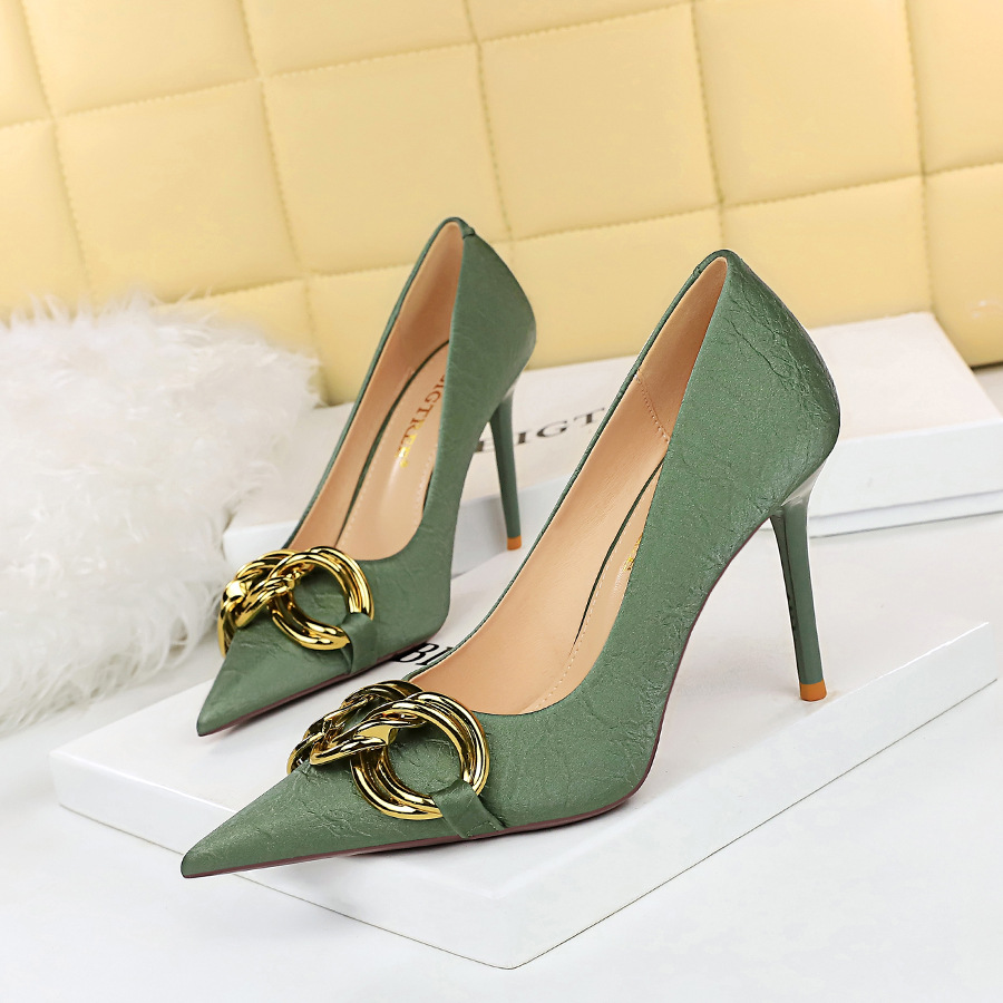 New BIGTREE Woman Pumps Designer Shallow Metal Decoration Pointed Toe PU 9.5CM Thin Heels Mature Party Women Shoes Black