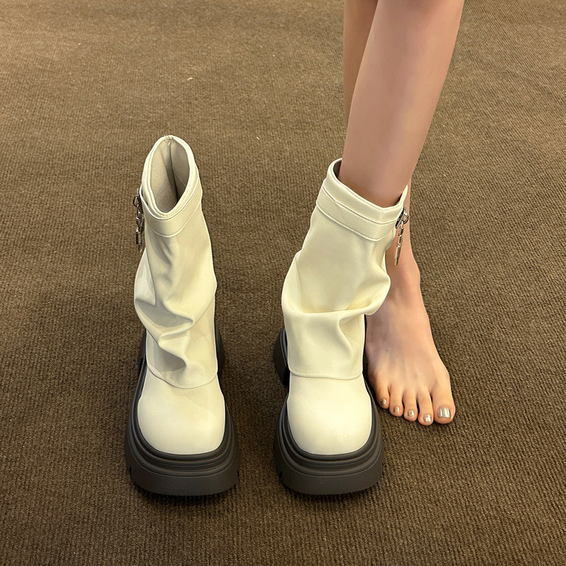 Boots Lolita Female Shoes Round Toe Ladies Rock High Heel Autumn Rubber Ankle Med Rome PU Cotton Fabric Basic Slip-On Solid Lac b251