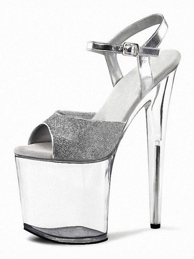 Dress 20cm Sexy Fetish High Heels Silver Flash Powder Elegant 8Inch Strip Pole Dance Bride Full Dress Platform Sandals Peep Toe